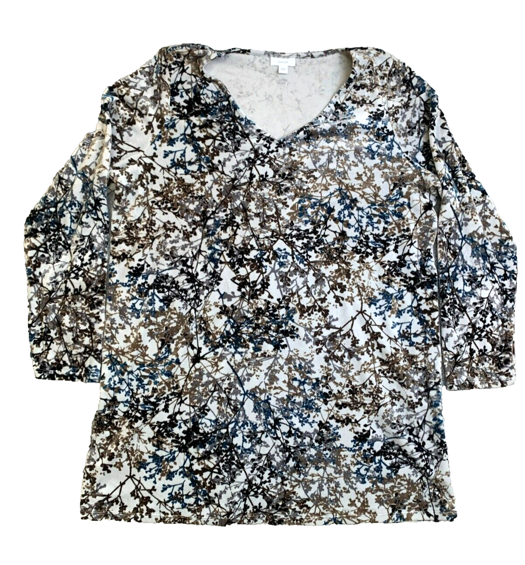 J Jill Purejill Shirt Womens Large Velour AOP Flower Tunic Slit Oversized Blouse