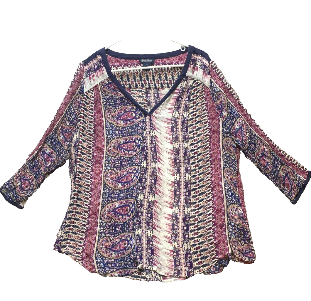 Lucky Brand Shirt Womens 1X Navy Pink AOP Paisley Boho Peasant Flowy Blouse Plus