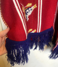 Load image into Gallery viewer, Vintage Bird Sweater Womens Red Poncho Cape Fringe Tie Hippie Glamping Ladies
