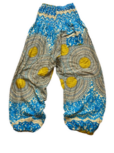 Load image into Gallery viewer, OmZappy Pants Womens 27x25.5 Blue Yellow Harem Hippie Boho Smocked Yoga Palazzo
