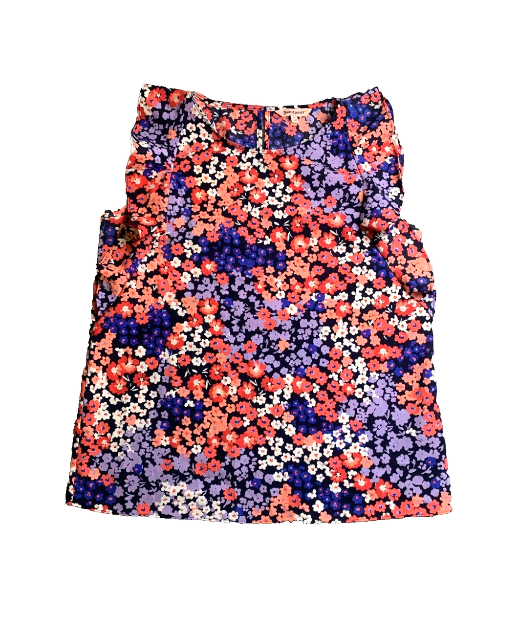 Juicy Couture Shirt Womens Medium Colorful AOP Flower Ruffle Trim Blouse Boho