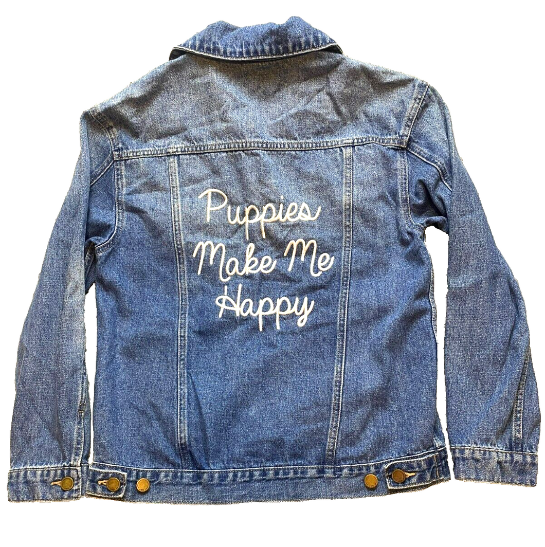 JBD Just Black Denim Jacket Women Medium Blue Jean Trucker Puppies Make Me Happy