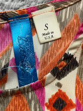 Load image into Gallery viewer, Buttons Shirt Womens Small Pink Orange Hippie Peasant Geometric Festive Boho USA
