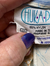 Load image into Gallery viewer, VTG Hukapoo Shirt Womens Large 18 Blue Orange AOP Abstract Nylon Button Up 70s
