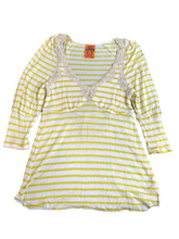 Load image into Gallery viewer, Free People Shirt Womens Medium White Yellow Strip Lace Trim Tunic Lagenlook
