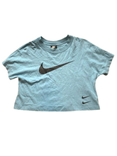 Load image into Gallery viewer, Nike Shirt Womens Medium Slate Blue Double Swoosh Logo Center Cropped Pullover

