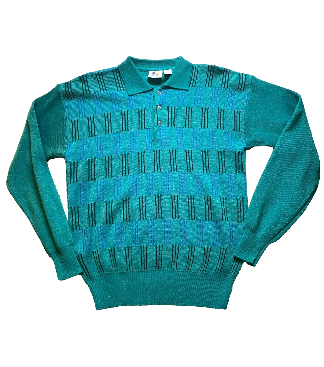 Phases Sweater Adult Medium Teal Collared Acrylic Geometric Knits Outerwear Mens