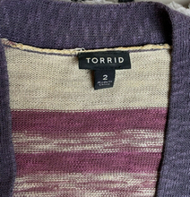 Load image into Gallery viewer, Torrid Sweater Womens 2 Purple Pink Striped Rayon Blend Open Front Cardigan
