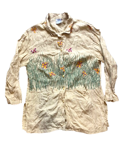 Mill Valley Shirt Womens Medium Beige Oversized Button Up Butterfly Whimsical
