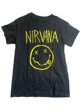 Load image into Gallery viewer, Nirvana Shirt Womens Small Black Smiley Spell Out American Rock Band Ladies
