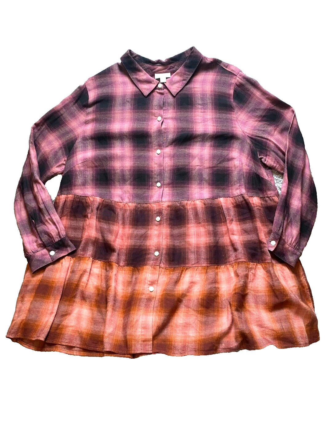 J Jill Shirt Womens 2X Button Up Long Sleeve Ombre Plaid Tunic Blouse Rayon Lady