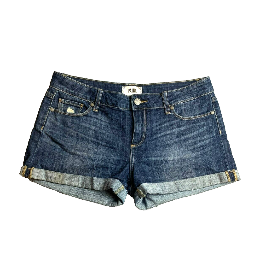 Paige Shorts Womens 29 Blue Denim Whiskered Rolled Cuffed Summer 5 Pocket Ladies