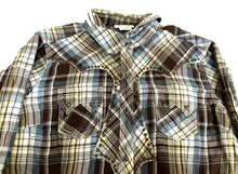 Load image into Gallery viewer, Ariat Shirt Womens Medium Brown Blue Yellow Plaid Western Snap Rodeo Cowgirl l
