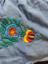 Load image into Gallery viewer, Foxy Women Dress Womens Medium Blue Embroidered Flower Denim Flared Grandmacore
