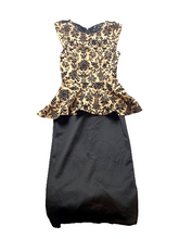 Load image into Gallery viewer, Iris Dress Womens Small Black Taupe Velvet Lace Peplum Slit Sheath Damask AOP
