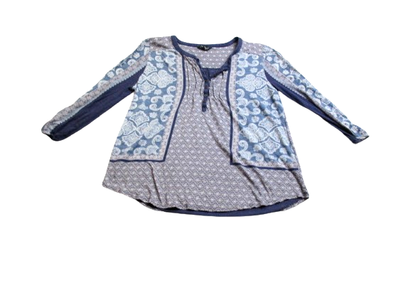 Lucky Brand Shirt Womens Medium Blue Henley Boho Flowy Peasant Casual Ladies