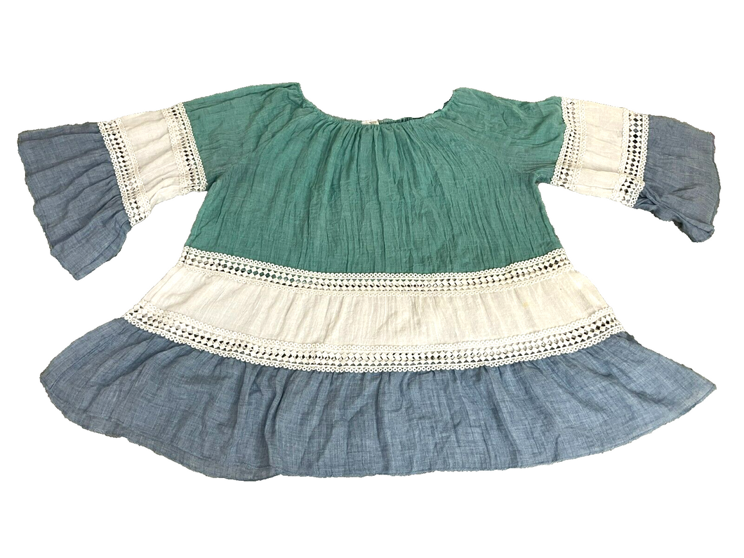 KAKTUS Shirt Womens Large Blue Green White Flare Peasant Boho Lace Trim Blouse