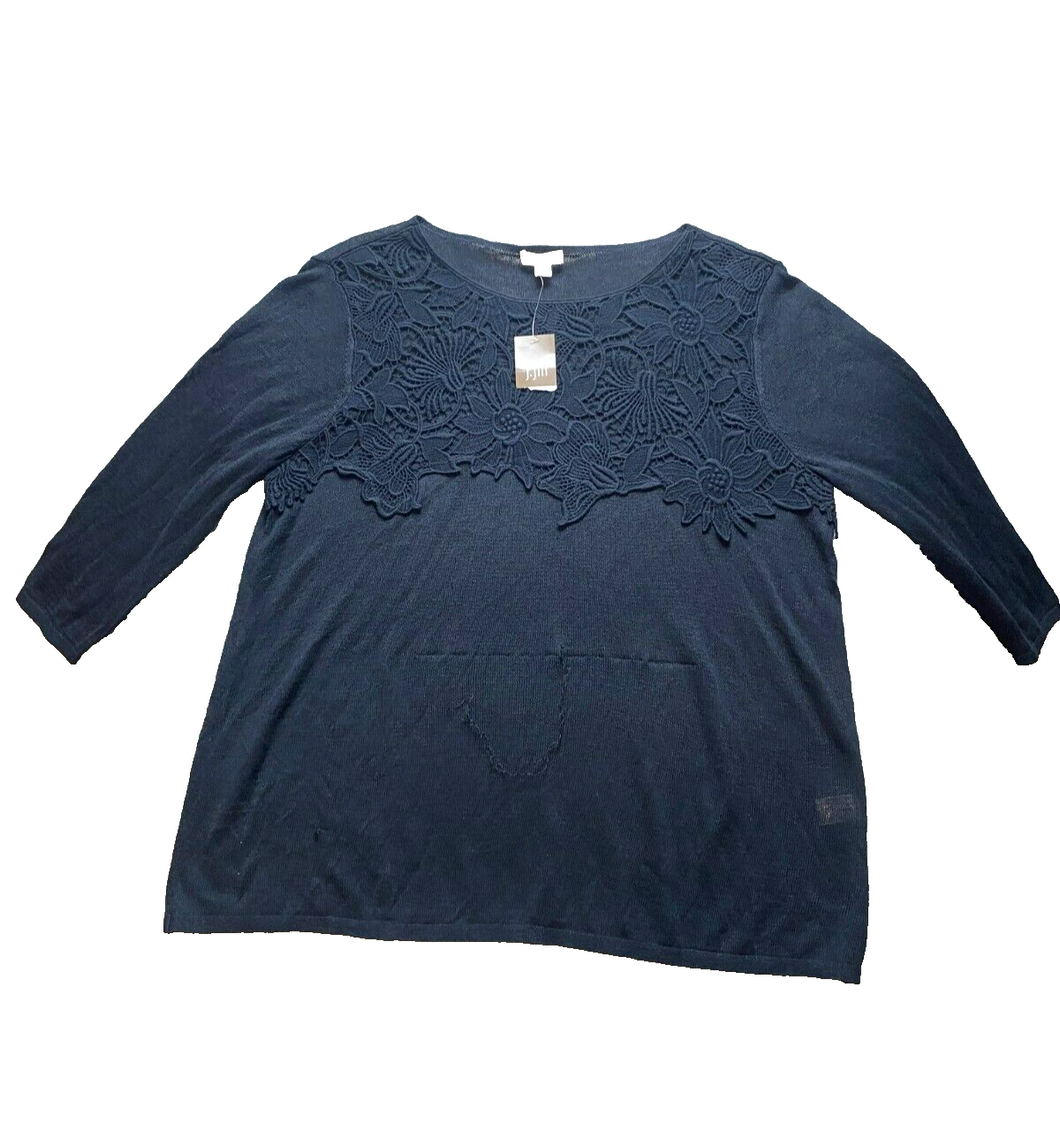 J Jill Shirt Womens Large Deep Blue Crochet Embroidered Boho Blouse Linen NWT