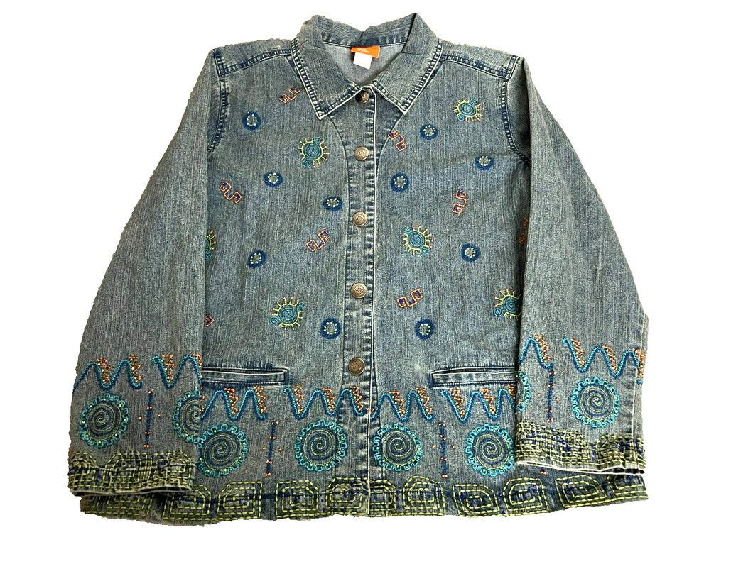Hearts of Palms Jacket Womens 14 3XL Button Front Denim Jean Aztec Embroidered
