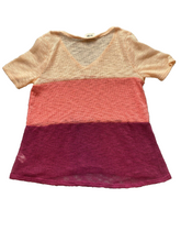 Load image into Gallery viewer, Bibi Sweater Womens Large Peach Wine Colorblock V-neck Open Knit Lightweight USA
