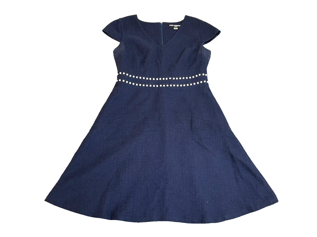 Karl Lagerfeld Dress Womens 8 Navy V-Neck Pearl Tweed Boho Lined Flared Paris