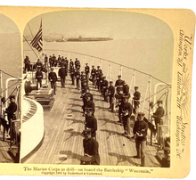 Load image into Gallery viewer, 1901 Stereoscope Photo Card Marine Corps at Drill Battleship Wisconsin Underwood

