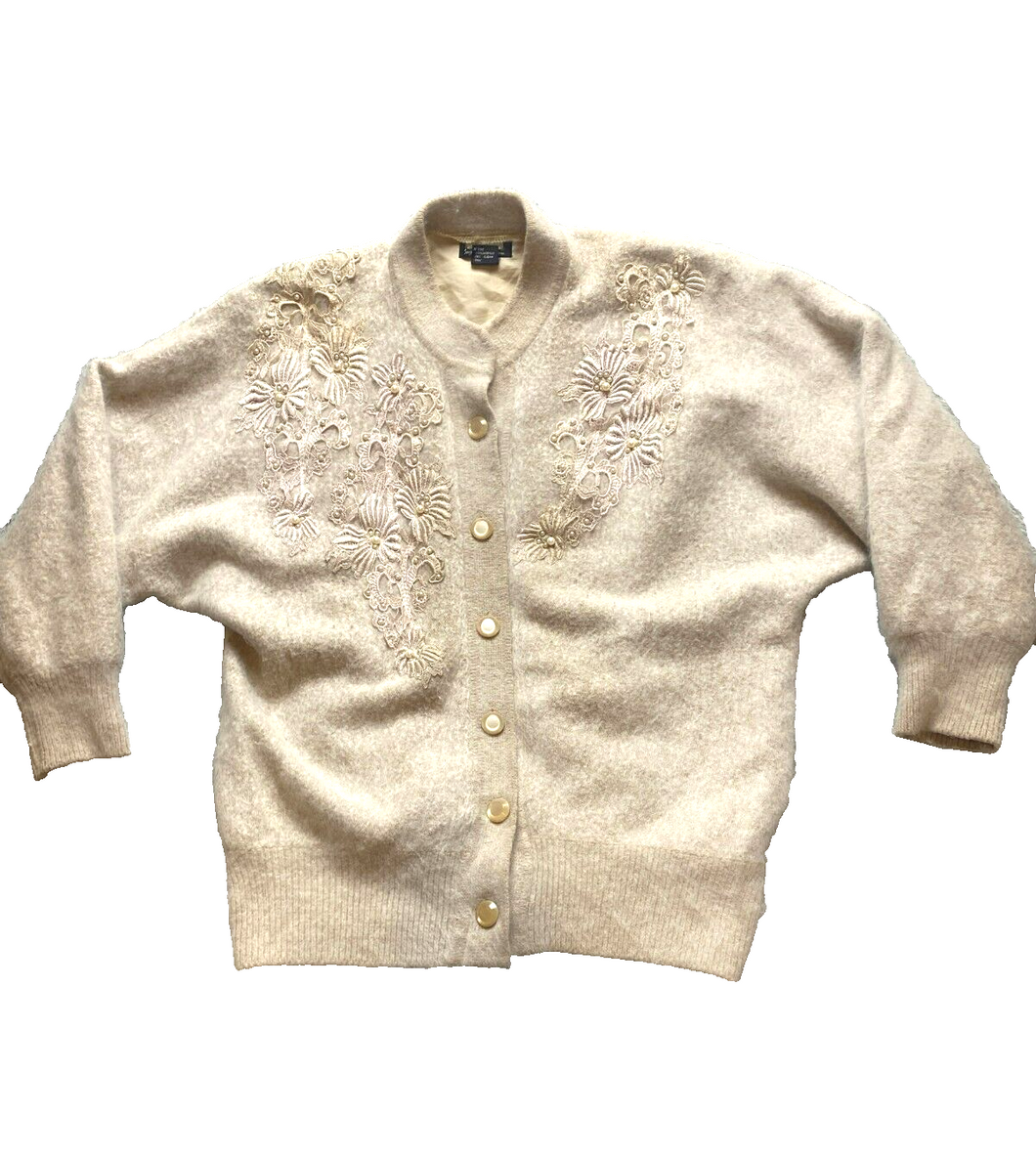Angora Sweater Womens Small Beige Button Up Cardigan Embroidery Pearl Beaded