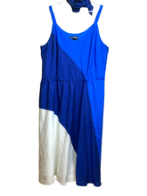 Load image into Gallery viewer, Lane Bryant Dress Womens 28 Blue White Colorblock with Belt Flared Hippie Ladies
