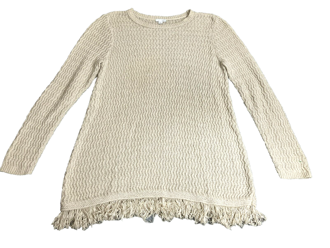 J Jill Sweater Womens Medium Oatmeal Tunic Oversized Fringe Hem Open Knit Ladies