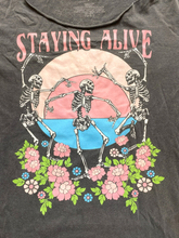 Load image into Gallery viewer, Staying Alive Shirt Womens Medium Gray Dancing Skeletons Flower Whimsigoth Goth
