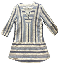 Load image into Gallery viewer, BCBGeneration Dress Womens Medium Ivory Blue Striped Lace Up Peasant Boho Tunic
