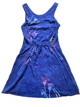 Load image into Gallery viewer, Tropical Tantrum Dress Womens Medium Blue Whimsical Rayon Boho Hawaiian Sundress
