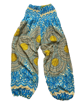 Load image into Gallery viewer, OmZappy Pants Womens 27x25.5 Blue Yellow Harem Hippie Boho Smocked Yoga Palazzo
