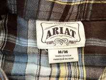 Load image into Gallery viewer, Ariat Shirt Womens Medium Brown Blue Yellow Plaid Western Snap Rodeo Cowgirl l
