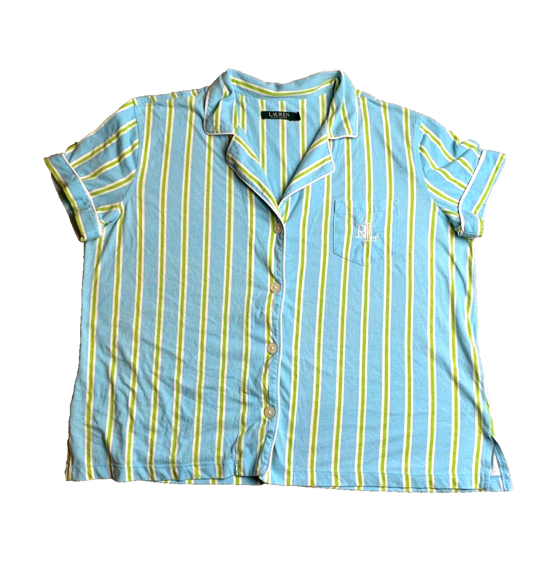 Lauren Ralph Lauren Shirt Womens Large Light Blue Striped Oversized Button Up