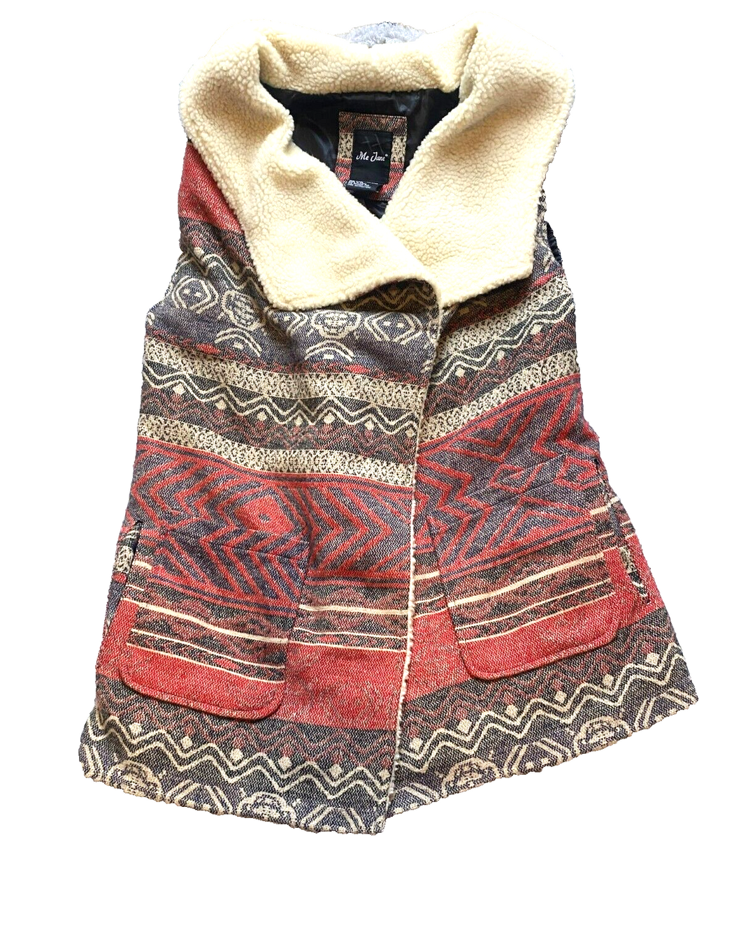 Me Jane Vest Womens Extra Large Navy Aztec Wool Blend Open Front Wrap Jacket