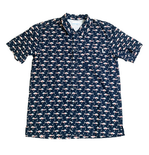 Load image into Gallery viewer, Columbia Shirt Adult Medium Navy AOP Patriotic Fish Vented Mesh Lined PFG Mens
