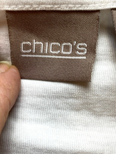 Load image into Gallery viewer, Chicos Shirt Womens 2 White Gold Sequence Shimmered Rayon Viscose Indie Ladies
