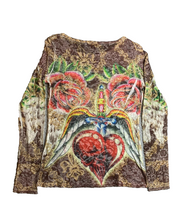 Load image into Gallery viewer, Say What Shirt Womens Medium Brown AOP Rose Heart Skull Tattoo Grunge USA Rayon
