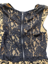 Load image into Gallery viewer, Iris Dress Womens Small Black Taupe Velvet Lace Peplum Slit Sheath Damask AOP
