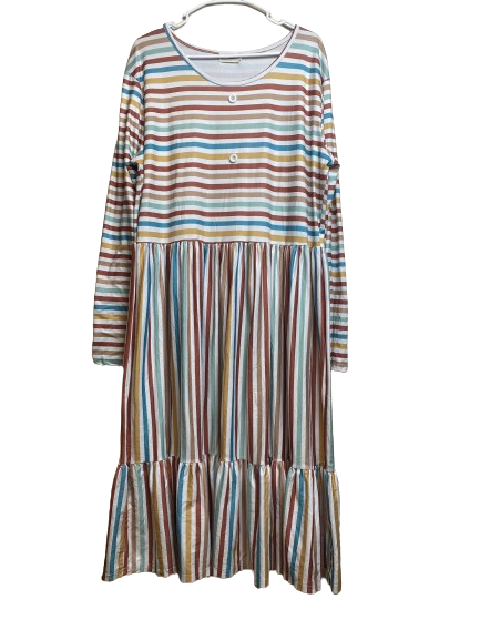 Marie Nicole Dress Womens 3XL XXXL Tan Blue Striped Tiered Lagenlook Maxi