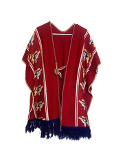 Load image into Gallery viewer, Vintage Bird Sweater Womens Red Poncho Cape Fringe Tie Hippie Glamping Ladies
