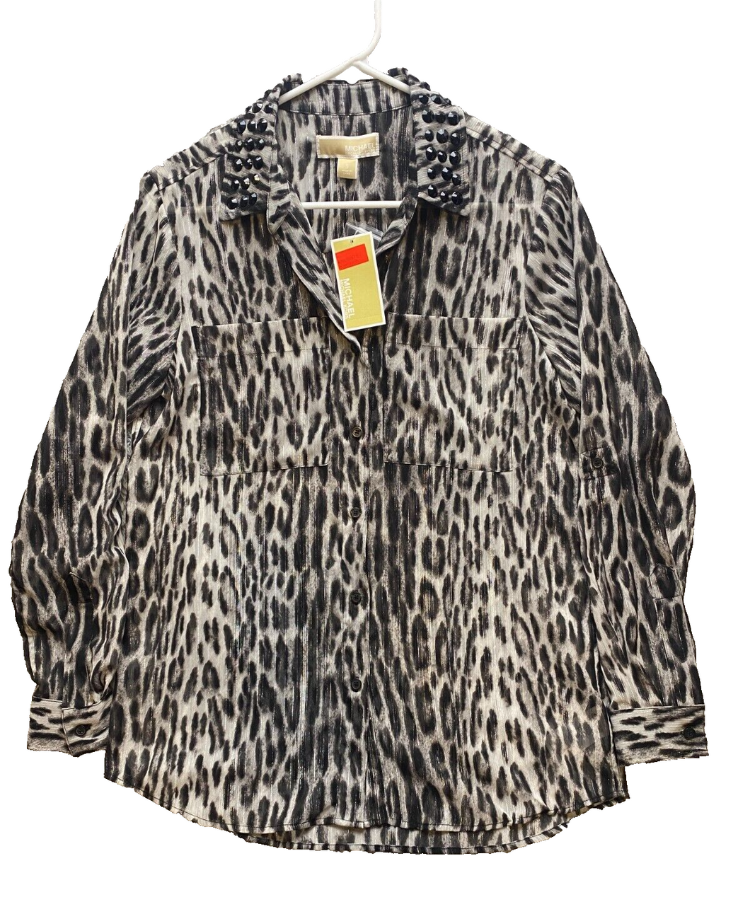 Michael Kors Shirt Womens Small Black Leopard Print Animal Shirt Beaded Lady NWT