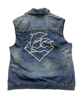 Load image into Gallery viewer, Pink Dolphin Vest Adult Large Blue Denim Button Up Patch Embroidered Kidcore Men
