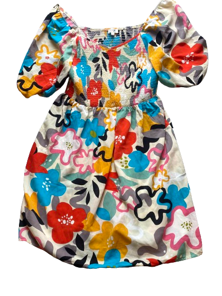 Oddi Dress Womens 1XL Rainbow Smocked Fit Flare Boho Artsy Flower Puff Sleeve