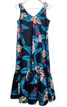 Load image into Gallery viewer, Hilo Hattie Dress Womens Medium Black Teal Floral Hawaiian Tropical Midi
