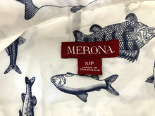 Load image into Gallery viewer, Fish AOP Shirt Adult Small White Merona Novelty Fishing Button Up Casual Mens
