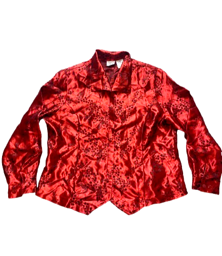 Liz Baker Shirt Womens 18W Red Black AOP Embossed Flower Rayon Button Up Plus