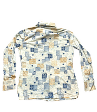 Load image into Gallery viewer, VTG Hukapoo Shirt Womens Large 18 Blue Orange AOP Abstract Nylon Button Up 70s
