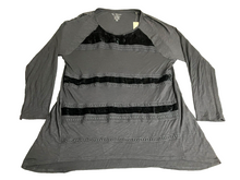 Load image into Gallery viewer, Chicos Shirt Womens 3 Gray Black Velvet Trim Tunic Lagenlook Plus MSRP $75 NWT
